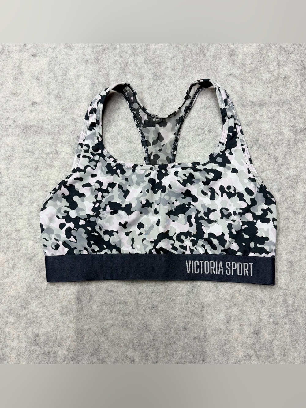 Victoria Sport Camo Sports Bra Racerback Camouflage Gray Black White Size Medium